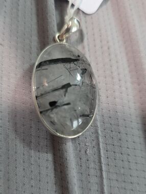 Black Tourmalinated Quartz Oval Pendant - Silver Setting